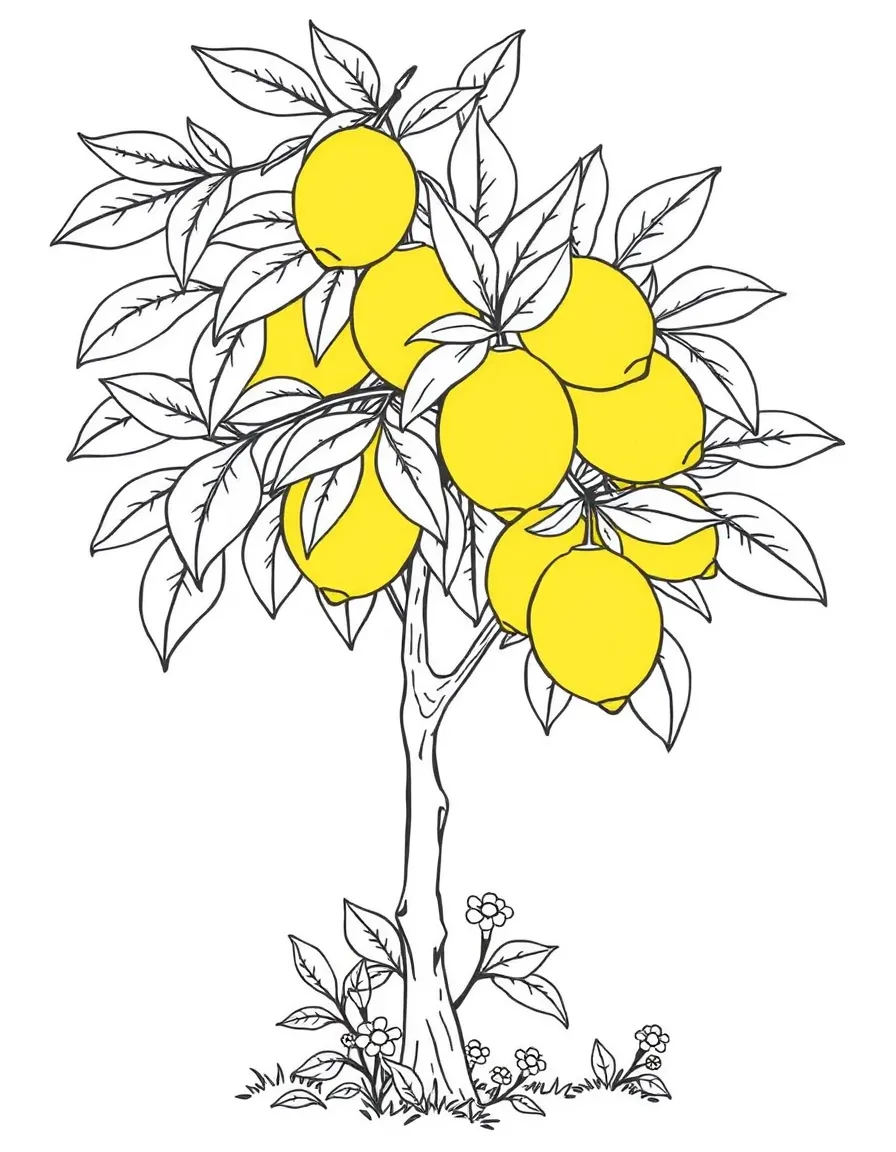 A lemon tree with bright yellow lemons and small flowers