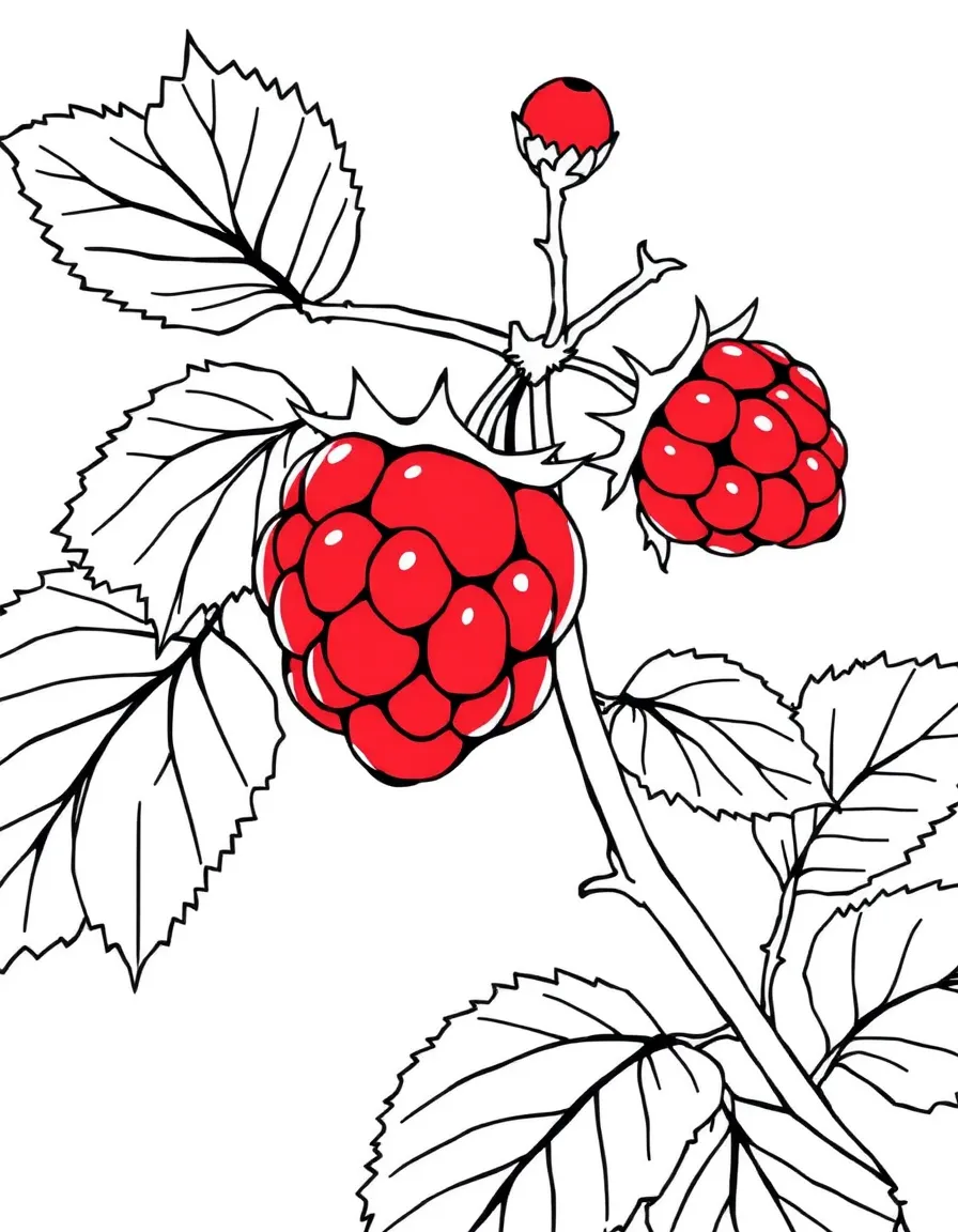 A raspberry bush with red raspberries and small thorns