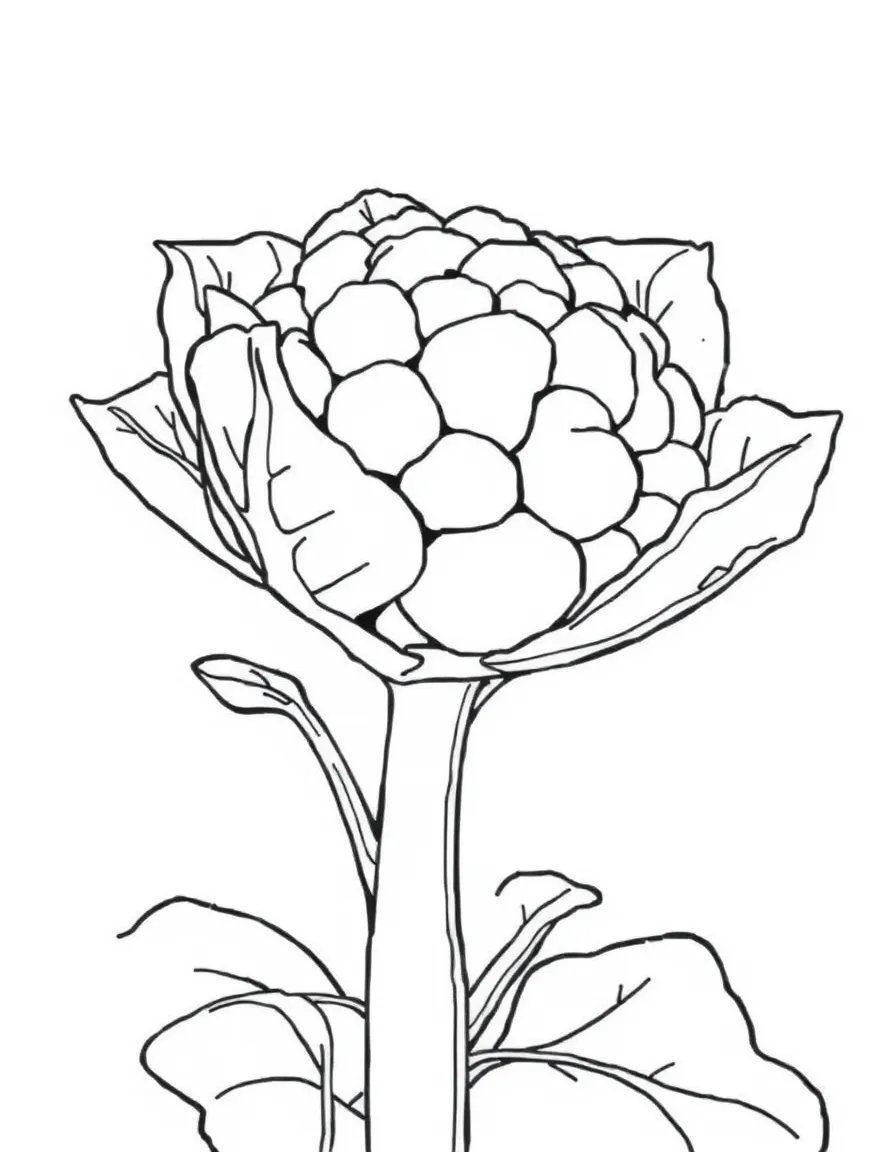 A cauliflower plant with white florets surrounded by leaves