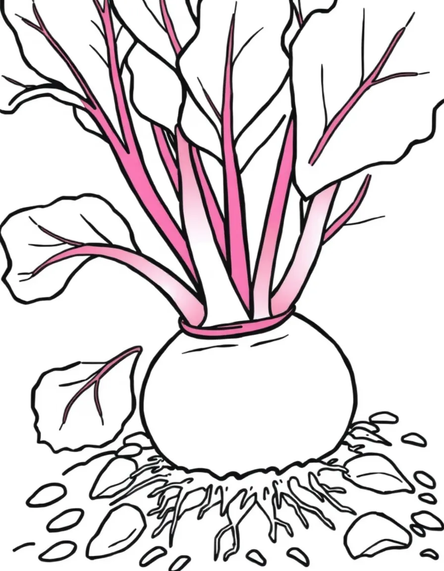 A beet growing in the soil with reddish stems