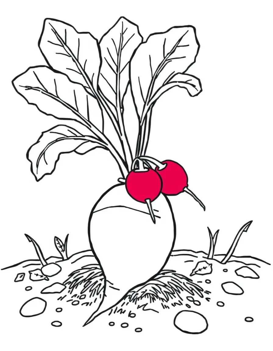 A radish plant with red radishes peeking from the ground