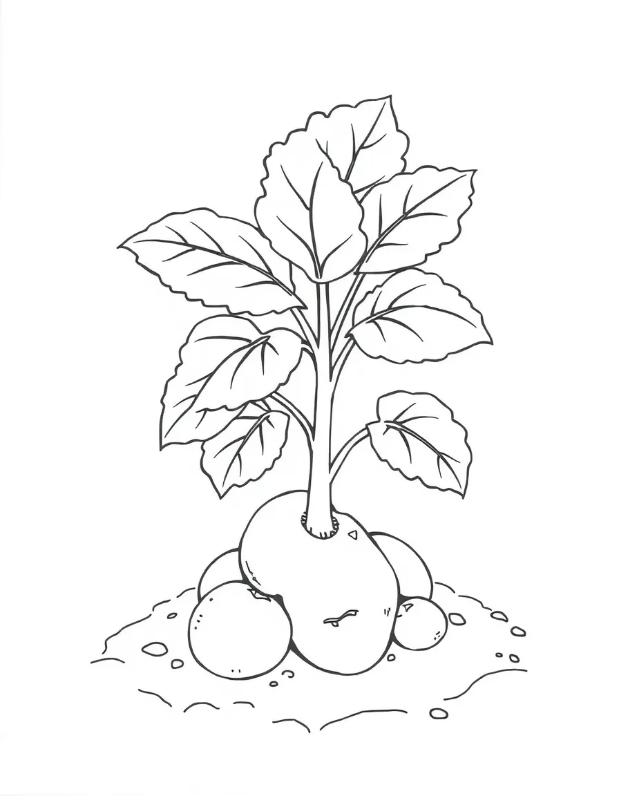 A potato plant with green leaves and potatoes underground