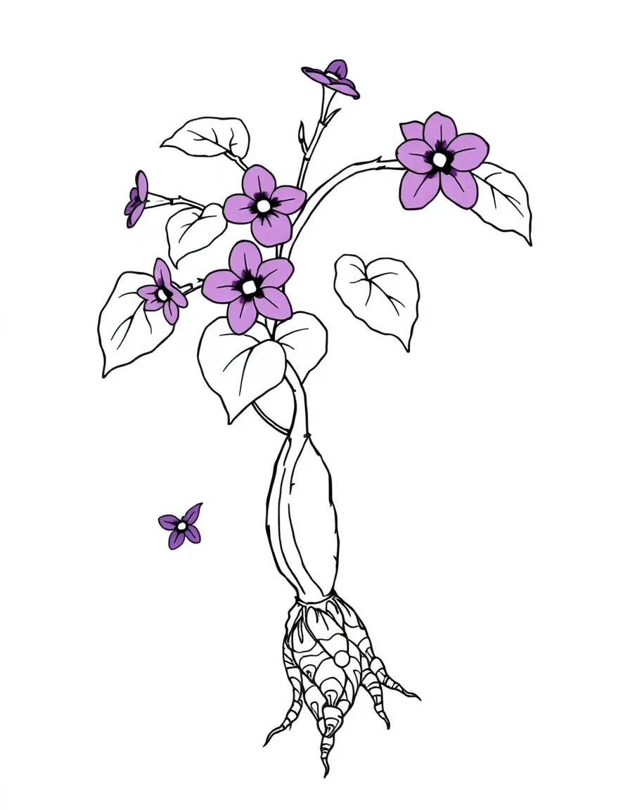 A sweet potato vine with purple flowers and roots