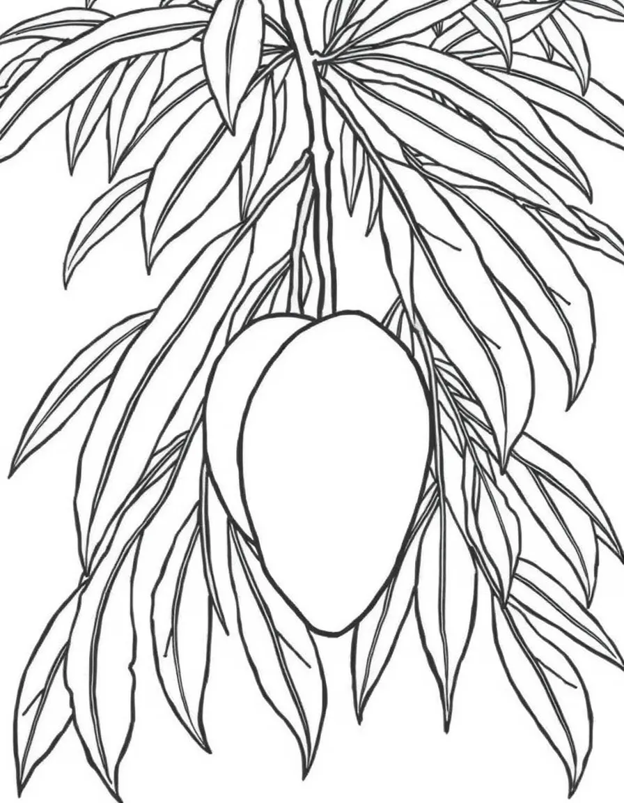 A mango tree with hanging mangoes and slender leaves