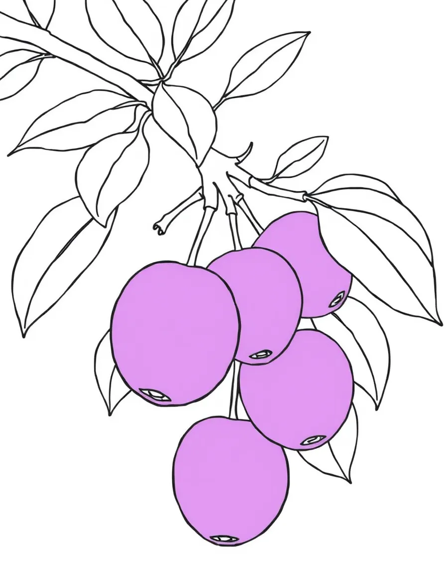 A plum tree with purple plums hanging on its limbs