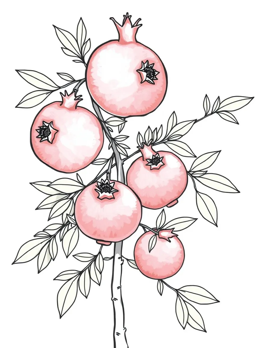 A pomegranate tree with red fruits and flower buds