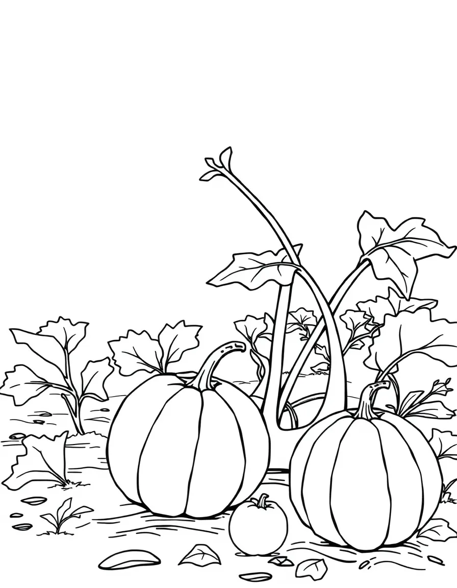 A melon patch with cantaloupes growing on the ground