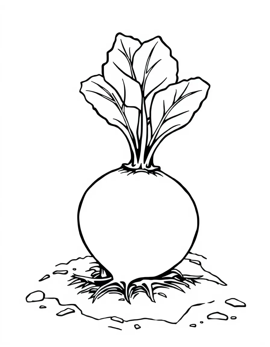 A turnip growing in the ground with its leafy top