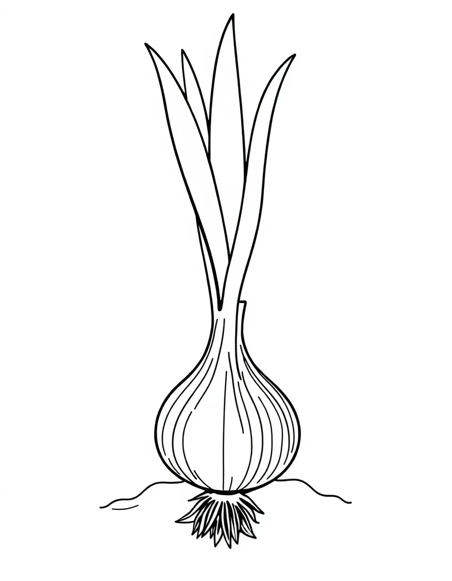 An onion plant with green stalks and a bulb underground