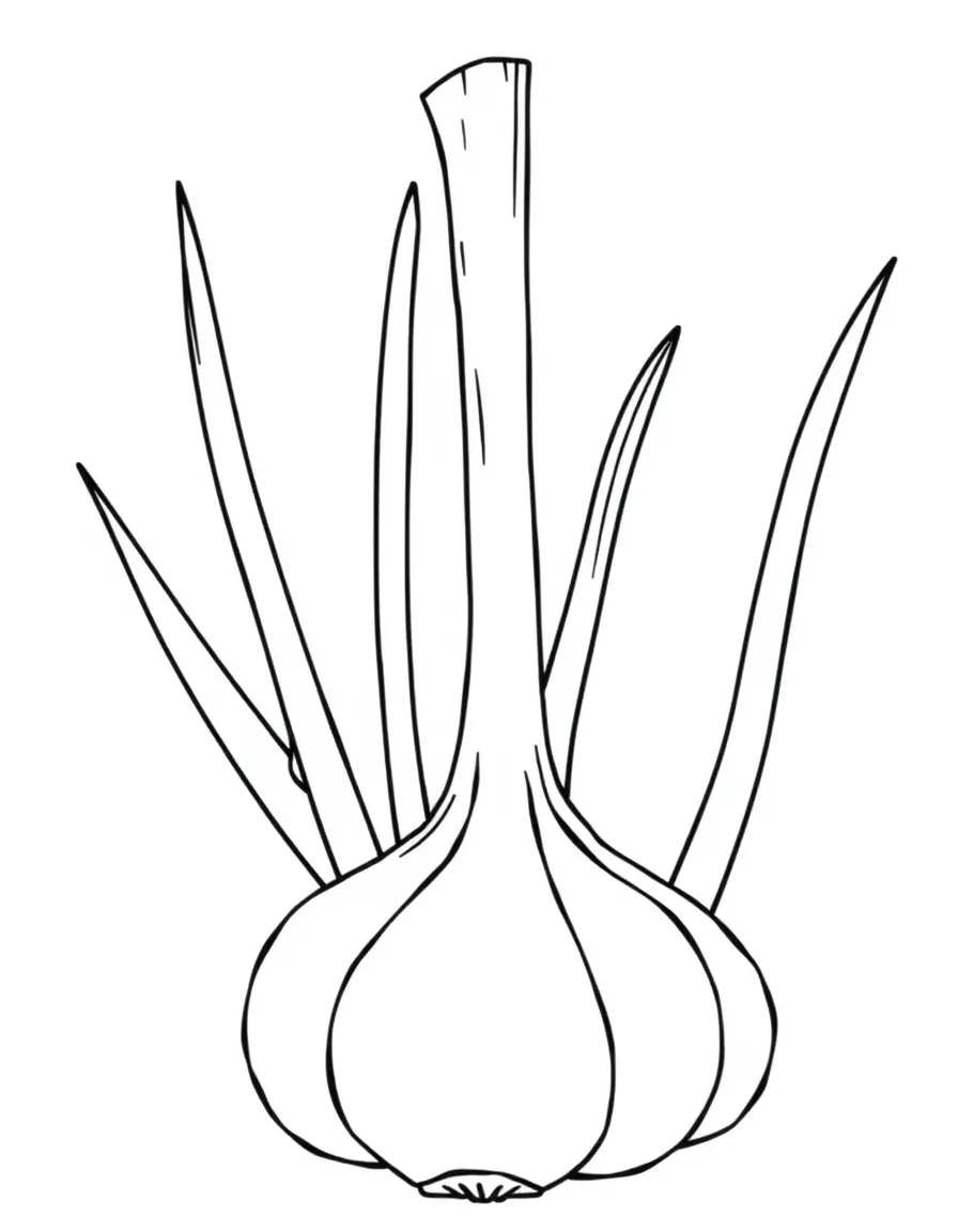 A garlic plant with tall green stems and white bulbs