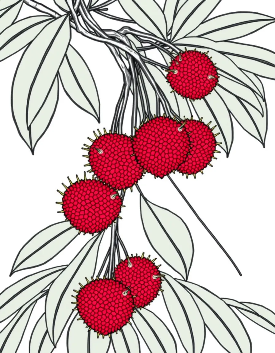 A lychee tree with clusters of spiky red fruits