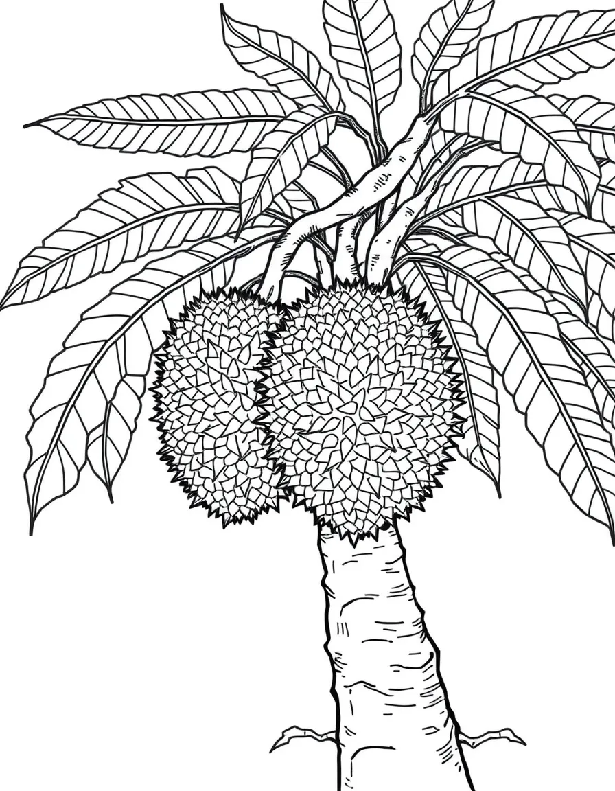 A durian tree with large thorny fruits