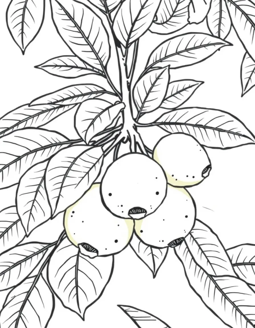 A guava tree with round green guavas and soft leaves