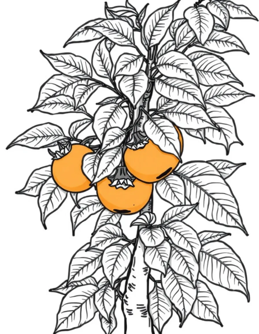 A persimmon tree with orange fruit and wide leaves