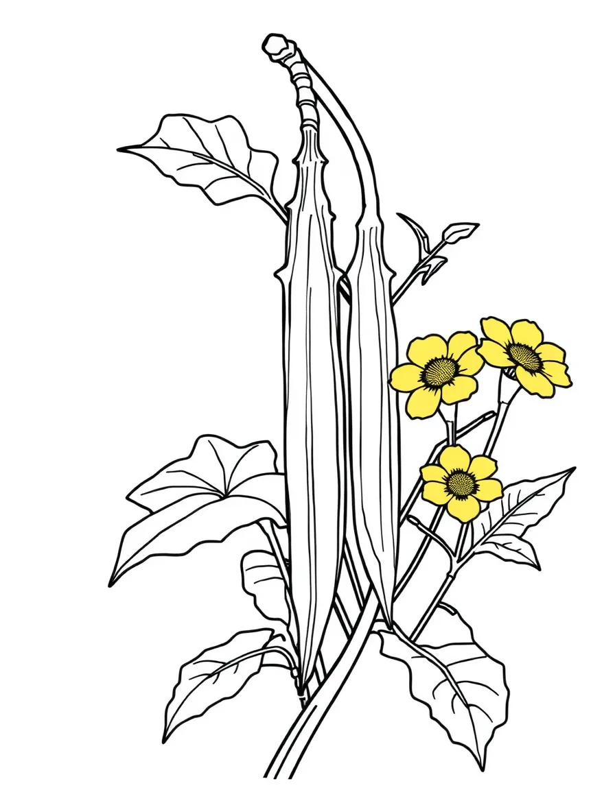 An okra plant with long pods and yellow flowers