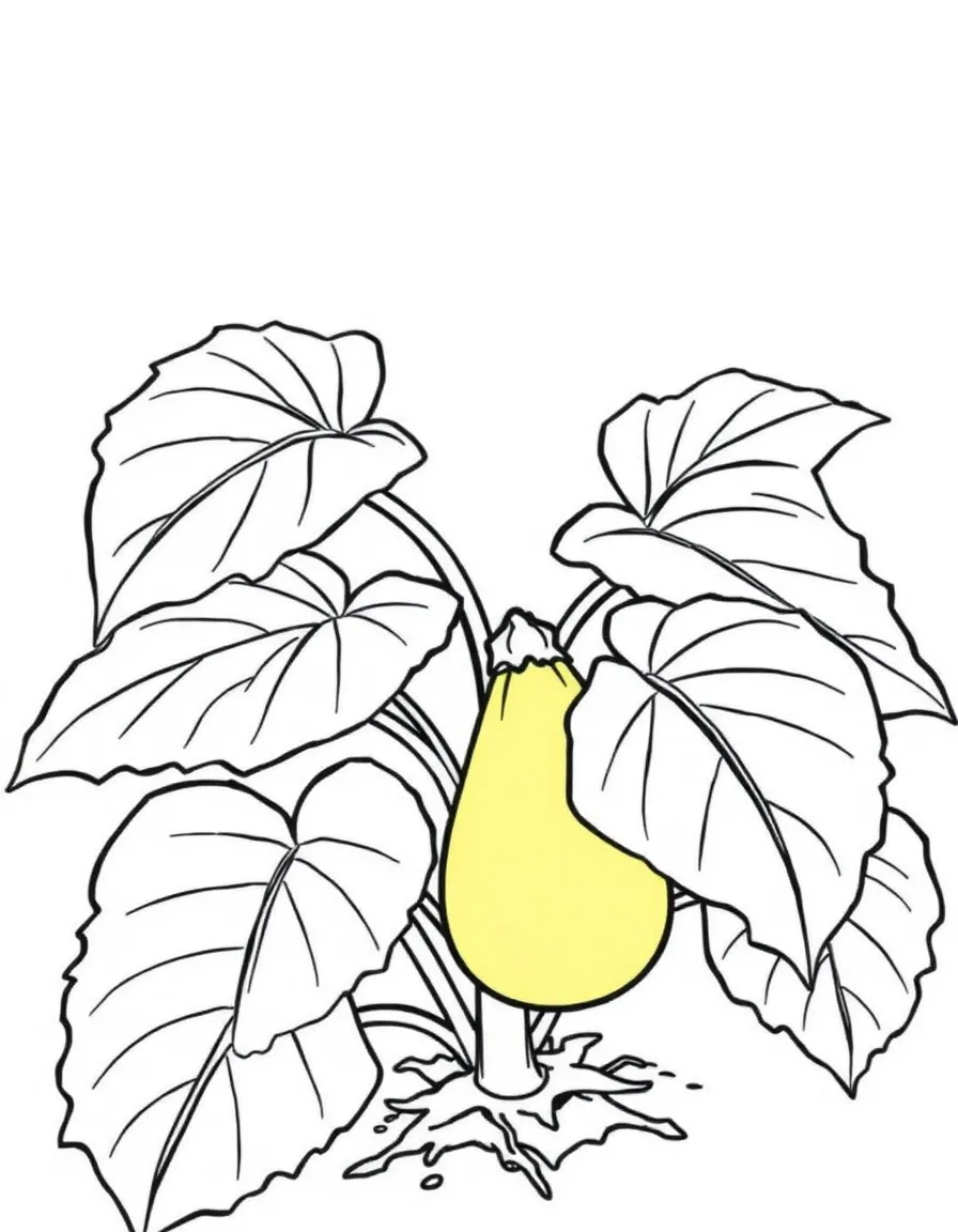 A squash plant with large leaves and yellow squash