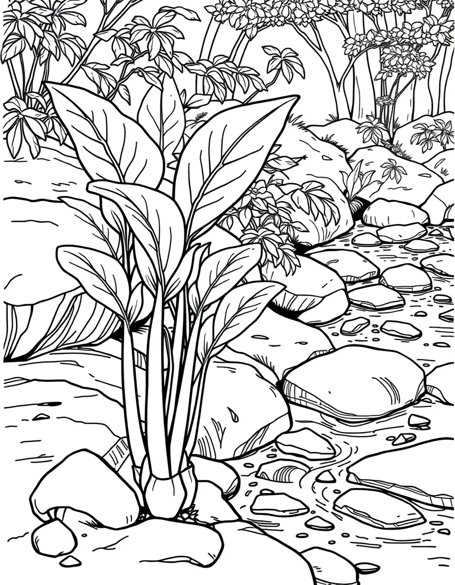 A wasabi plant growing by a stream