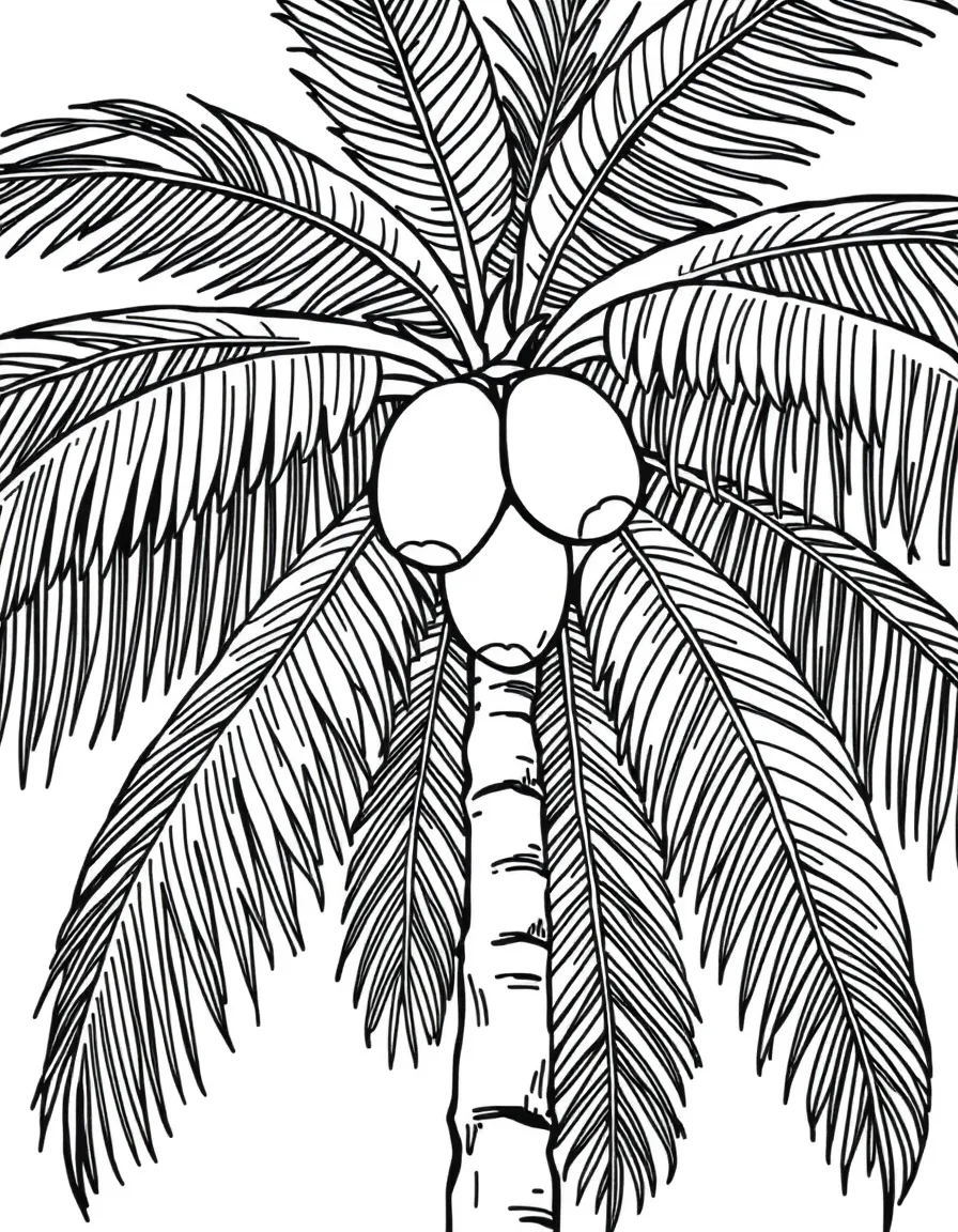 A coconut palm tree with coconuts hanging high