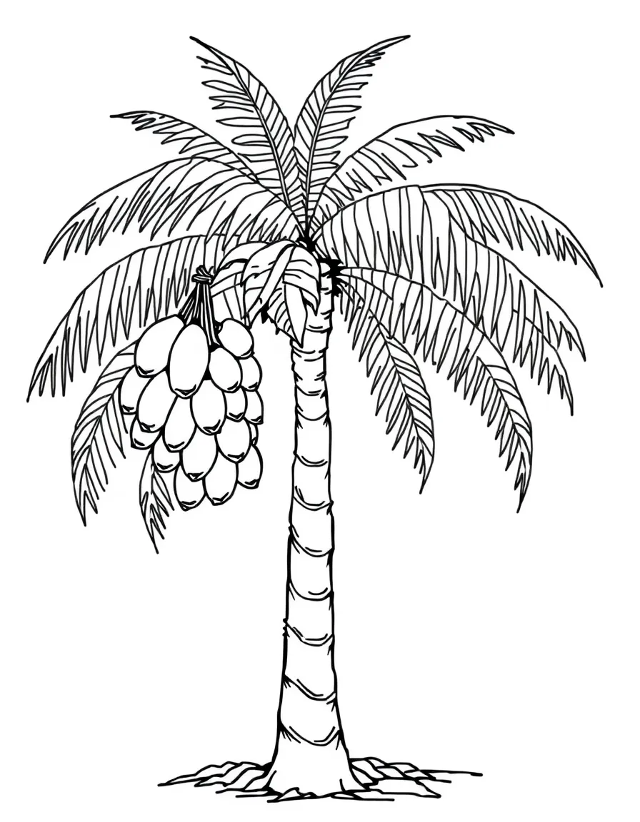 A date palm tree with bunches of brown dates