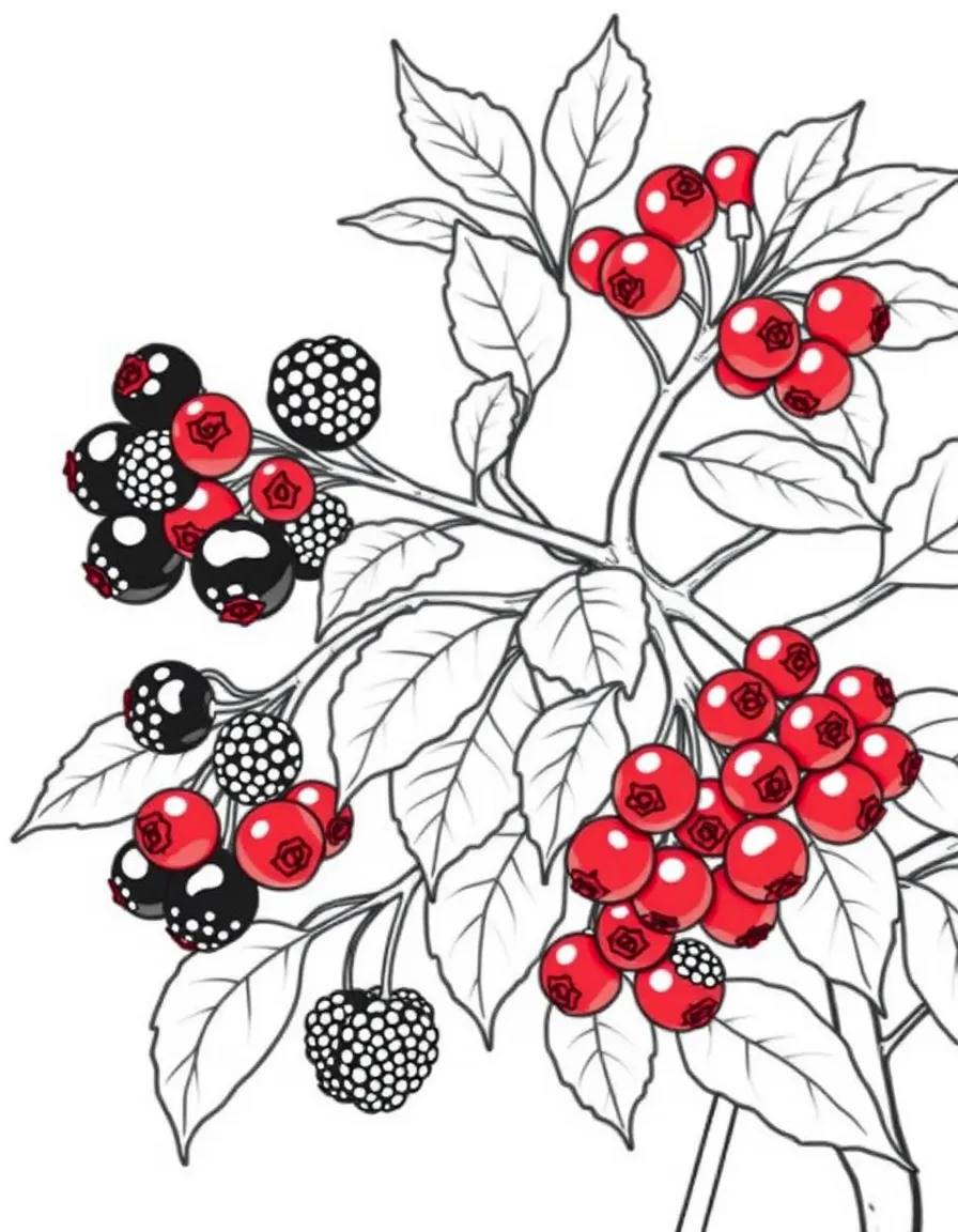 A mulberry tree with black and red berries
