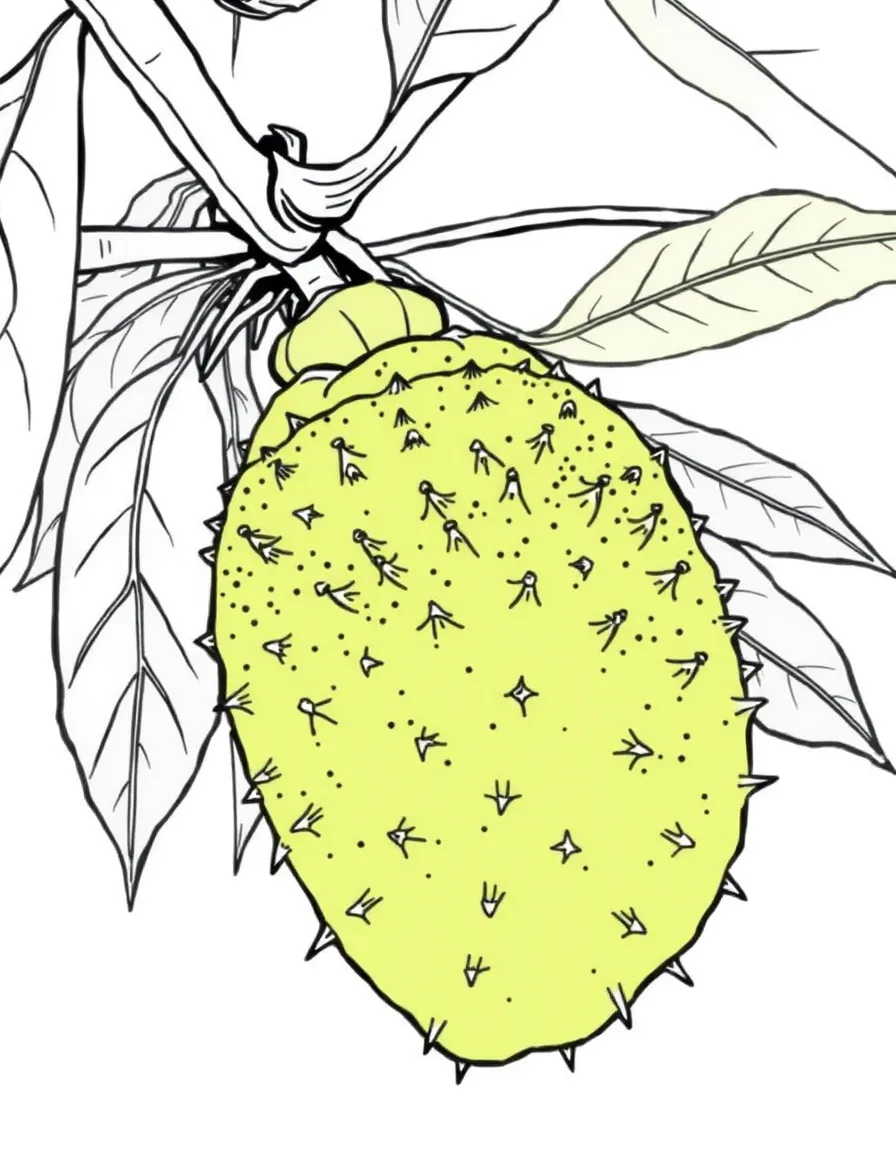 A soursop tree with spiky green fruit