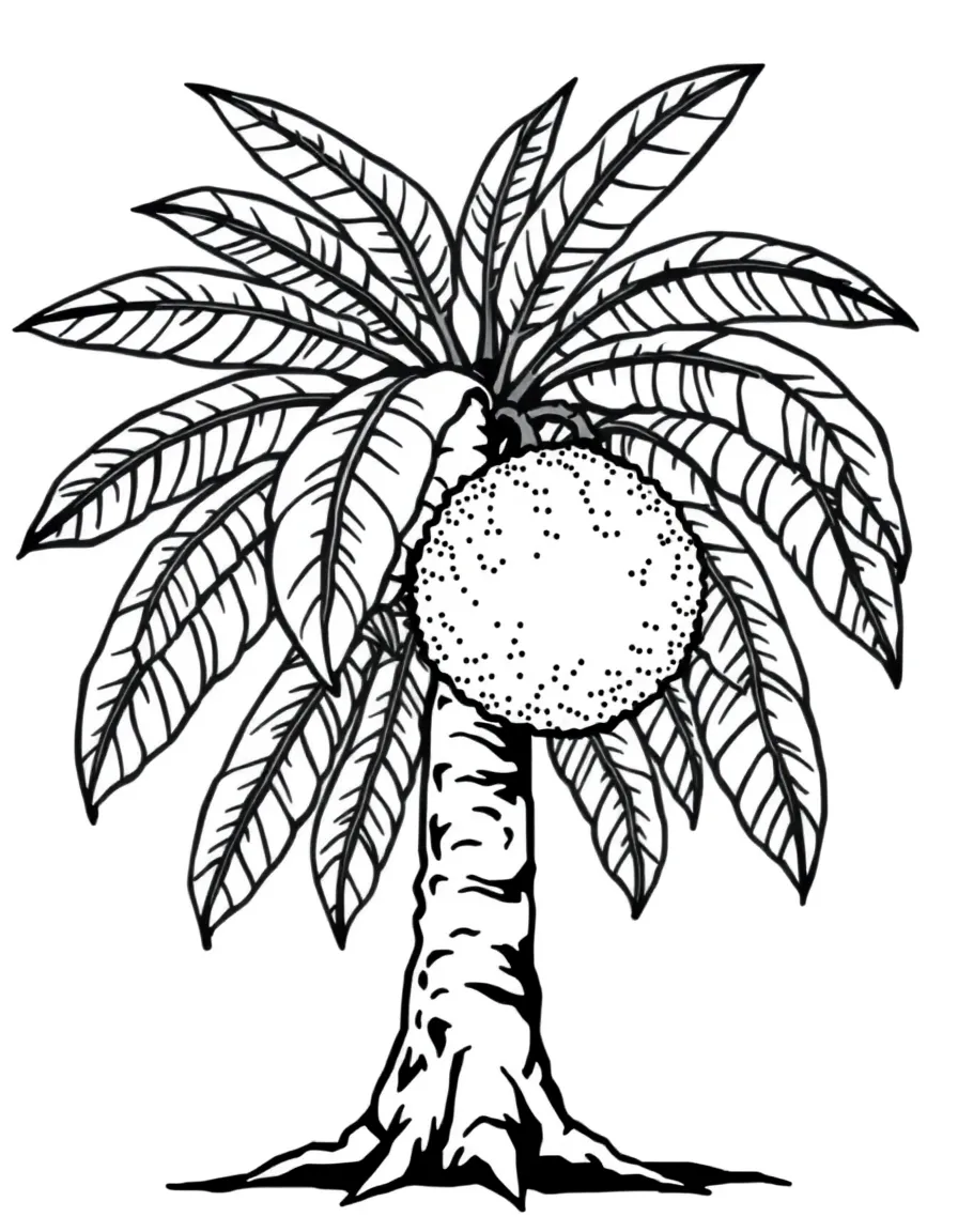 A breadfruit tree with giant round fruit