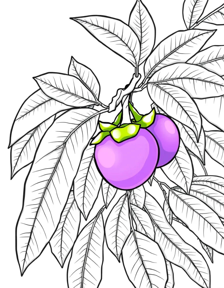 A mangosteen tree with purple fruit and green cap