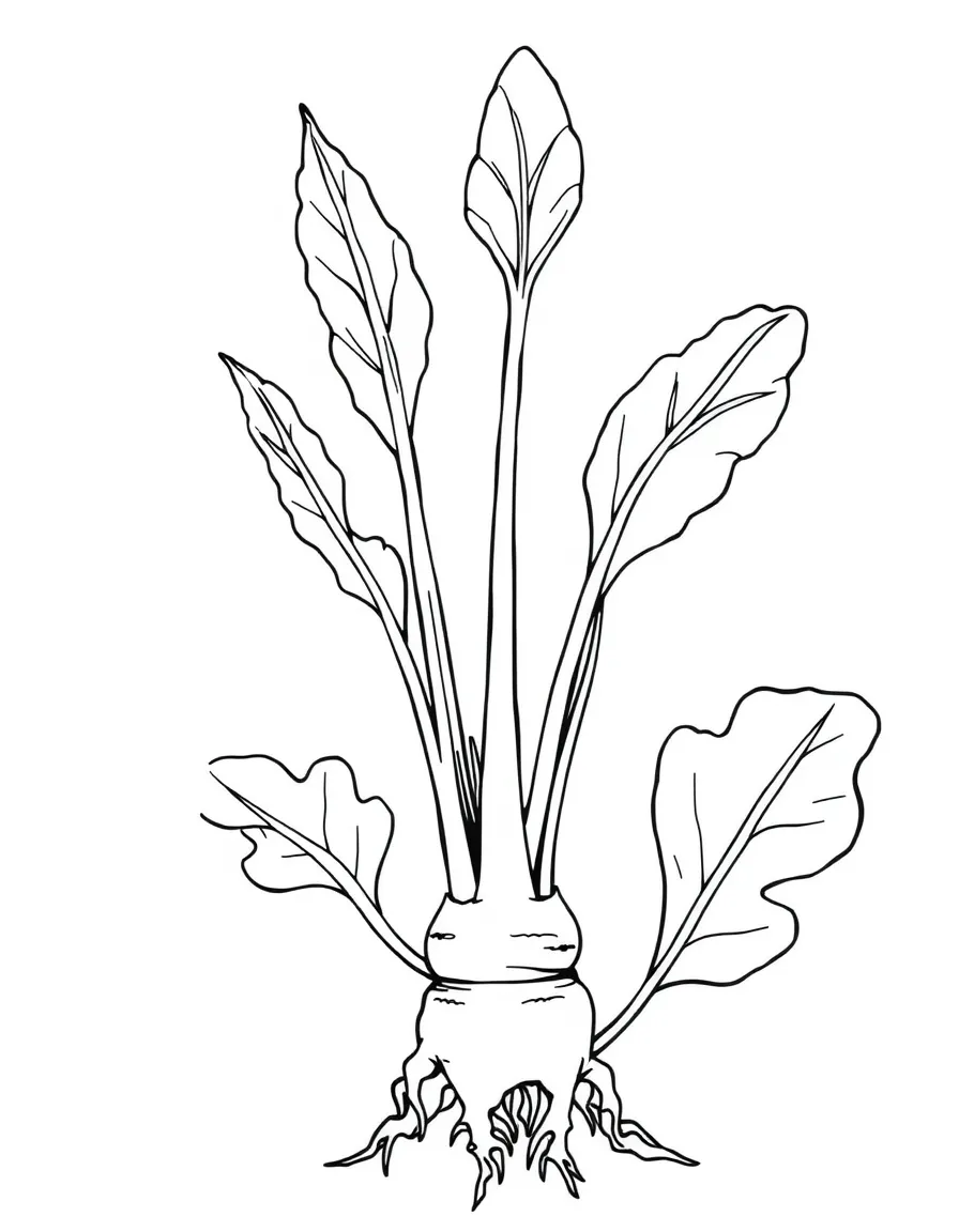A horseradish plant with tall green tops and root