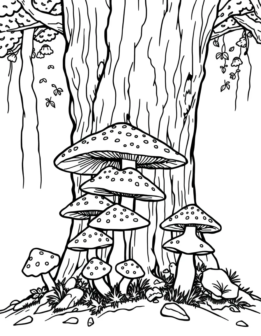 A cluster of mushrooms growing at the base of a tree