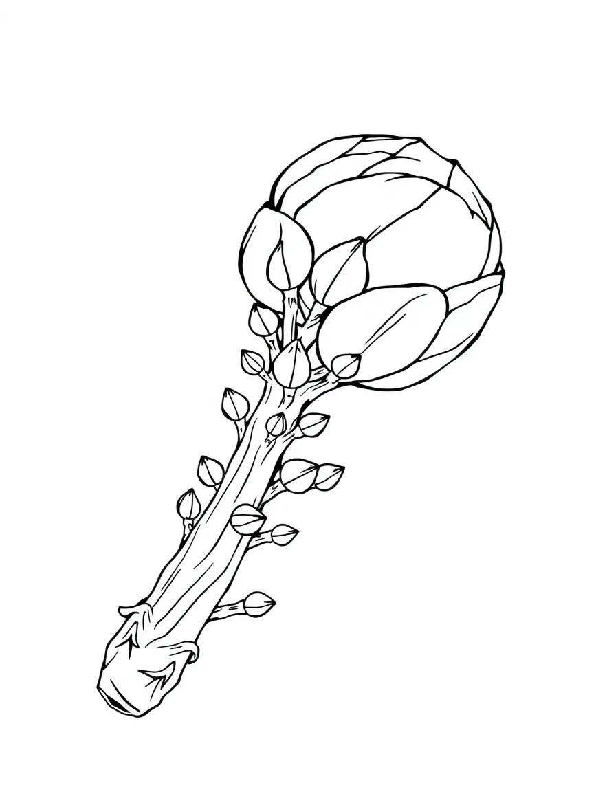 A brussels sprouts stalk with small sprouts along the stem