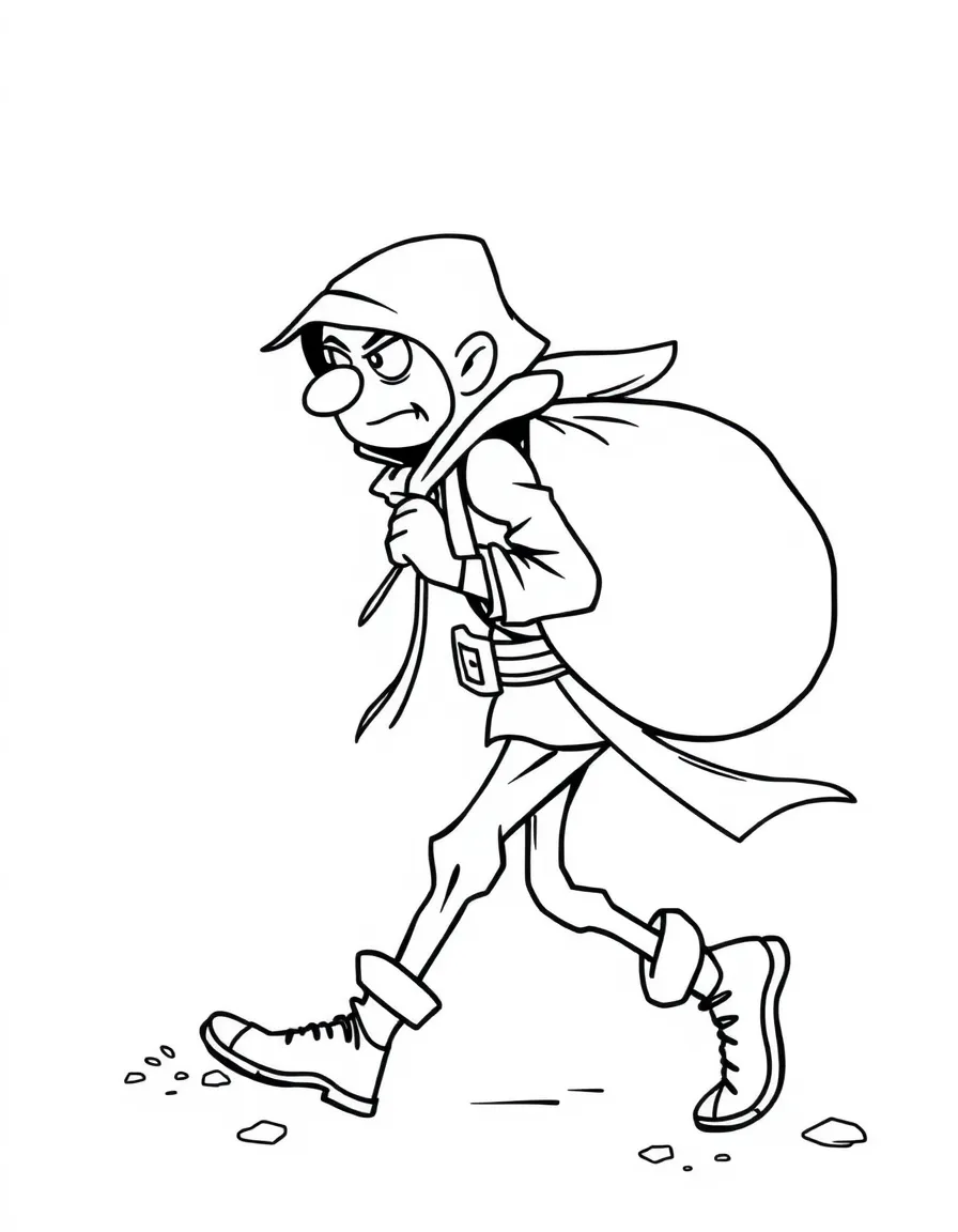 A cartoon thief tiptoeing with a big sack of loot on his back