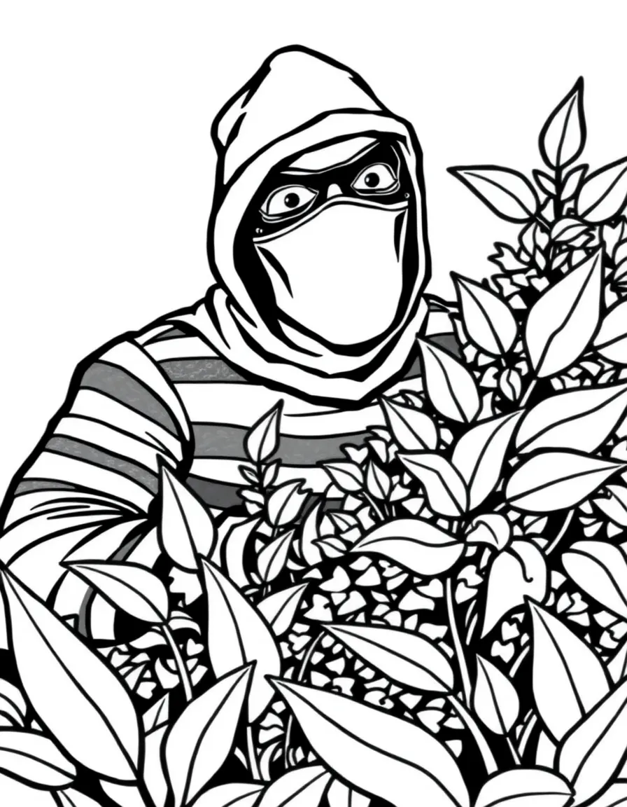 A robber wearing a striped shirt and mask hiding behind a bush