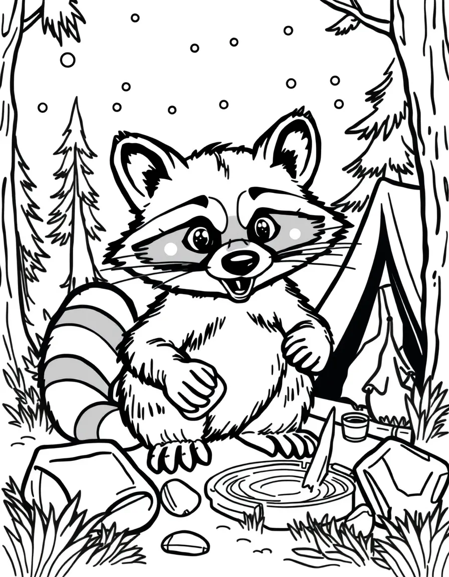 A mischievous raccoon stealing shiny objects from a campsite