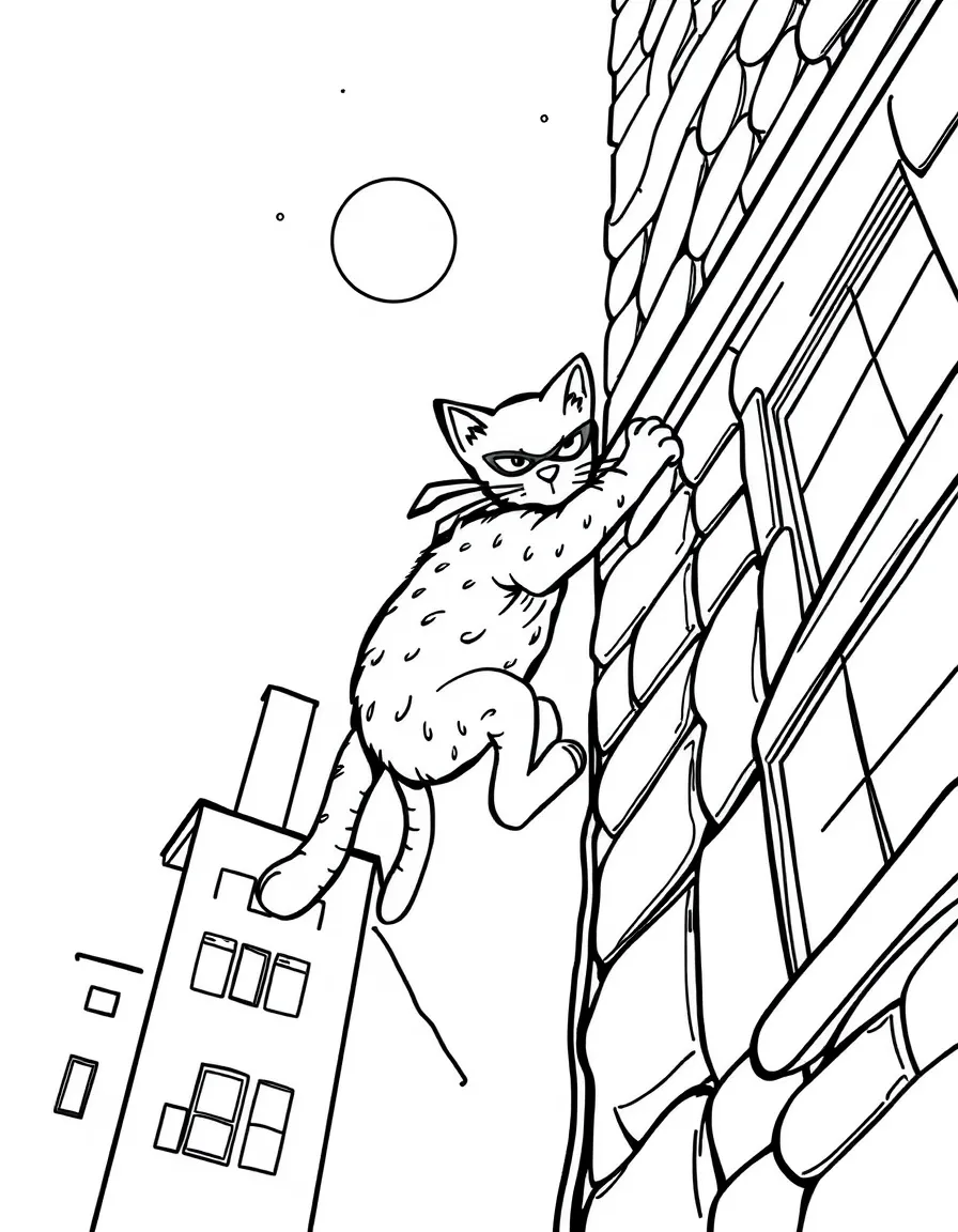 A cat burglar climbing up a building at night