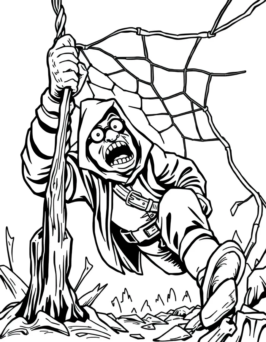 A robber caught in a net trap trying to escape
