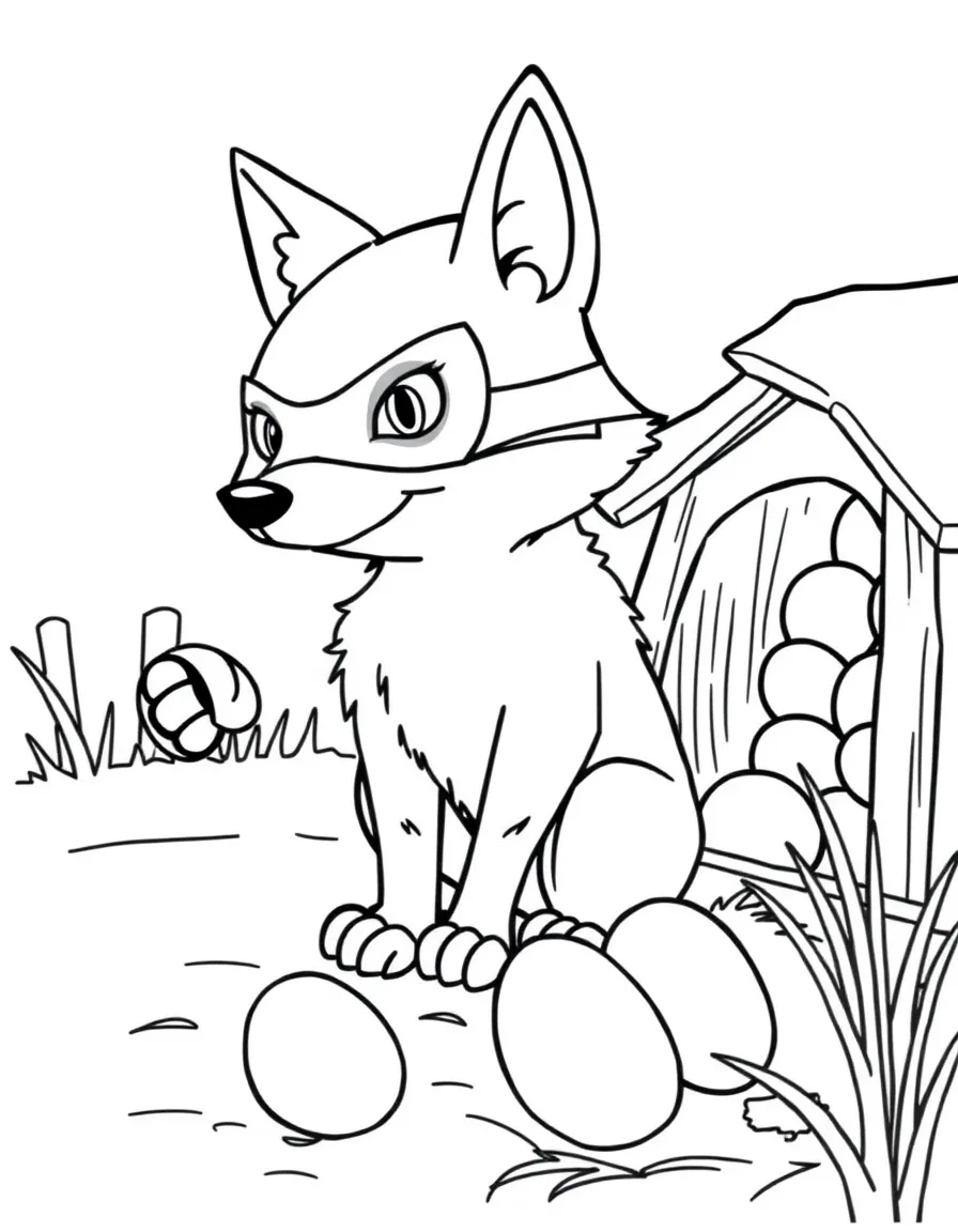 A sneaky fox in a mask stealing eggs from a chicken coop