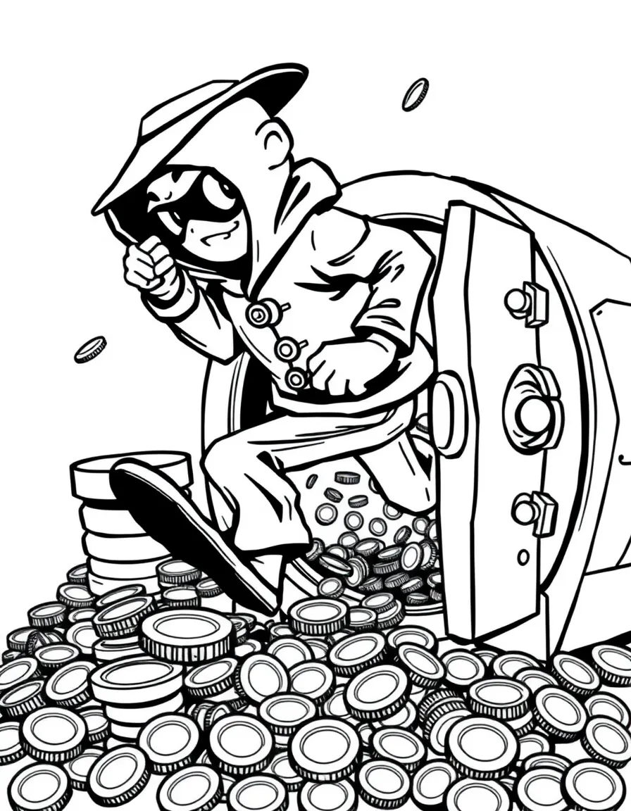 A bank robber tiptoeing out of a vault full of coins
