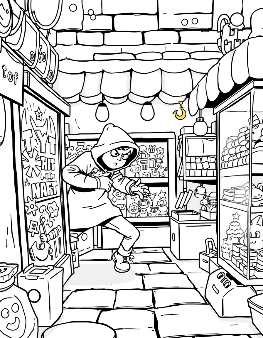 A thief sneaking into a toy store at night