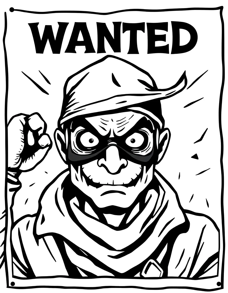 A comic-style “Wanted” poster with a funny thief’s face