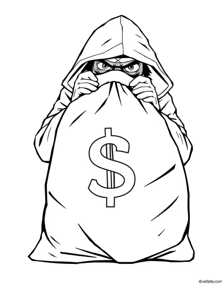 A thief hiding behind a large money bag