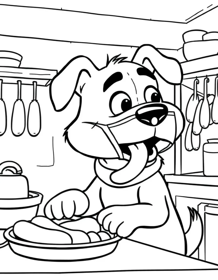 A cartoon dog wearing a mask stealing sausages from a kitchen