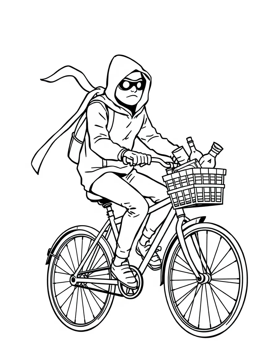 A thief riding a bicycle with stolen goods in the basket