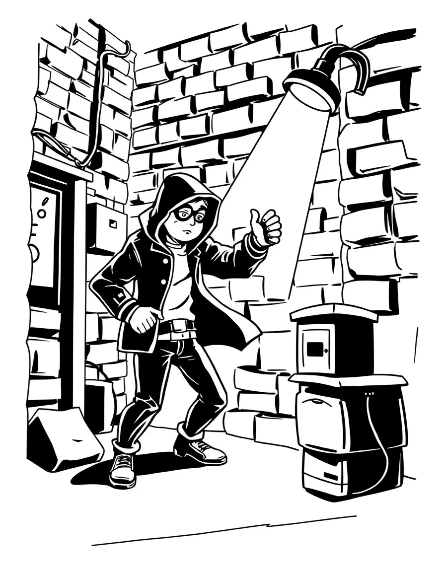 A thief getting caught by a spotlight