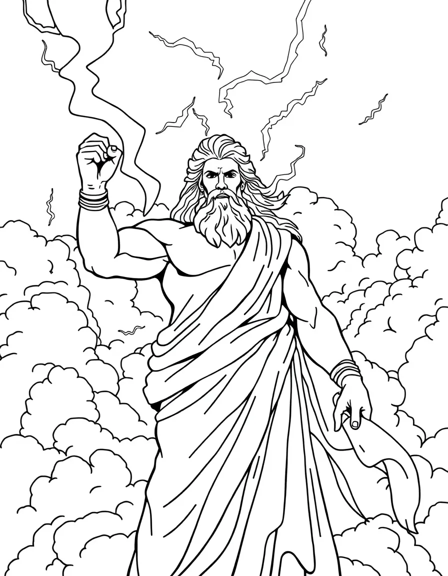 (Greek mythology) Zeus holding a lightning bolt in the clouds