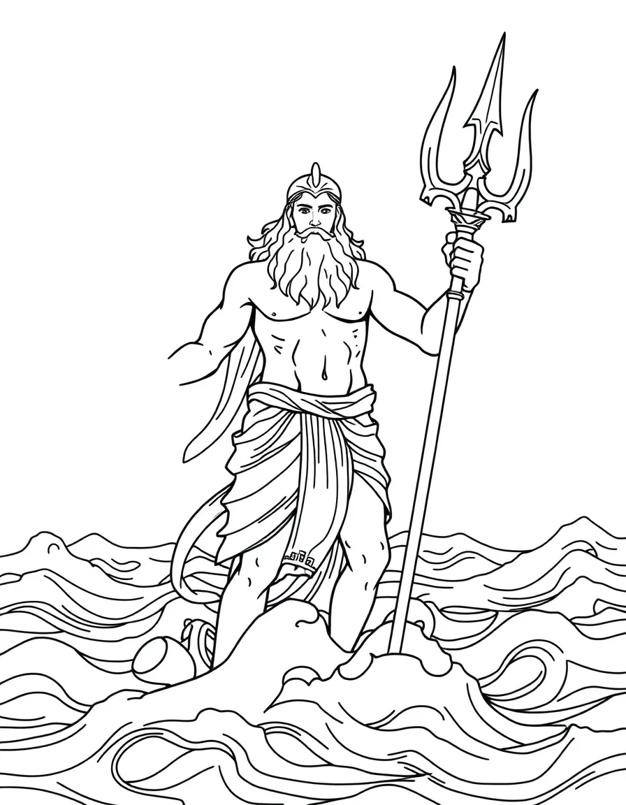 (Greek mythology) Poseidon with his trident standing in the ocean