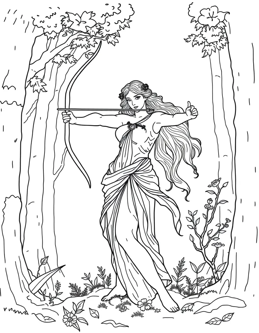 (Greek mythology) Artemis aiming her bow in a forest
