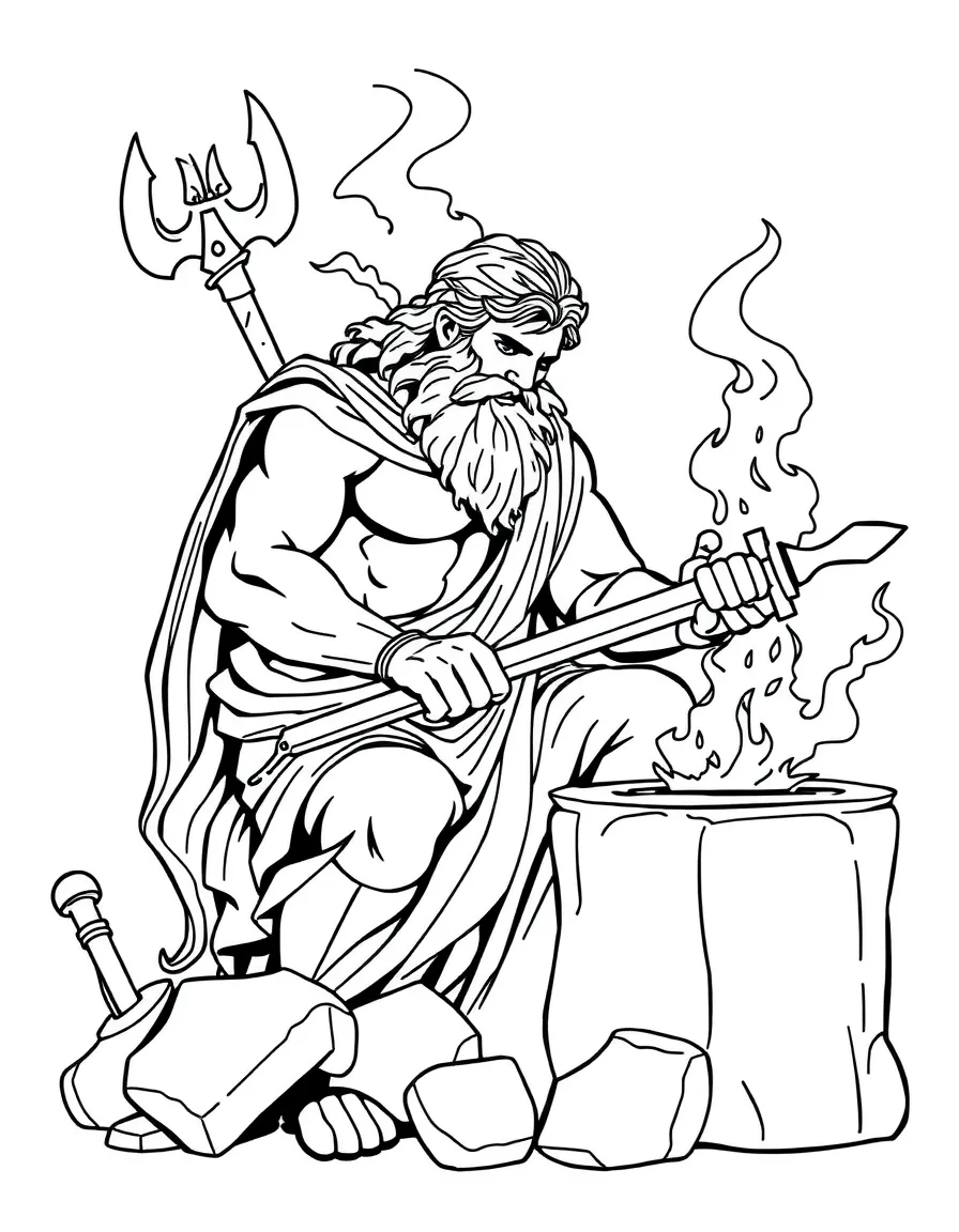 (Greek mythology) Hephaestus at his forge crafting weapons