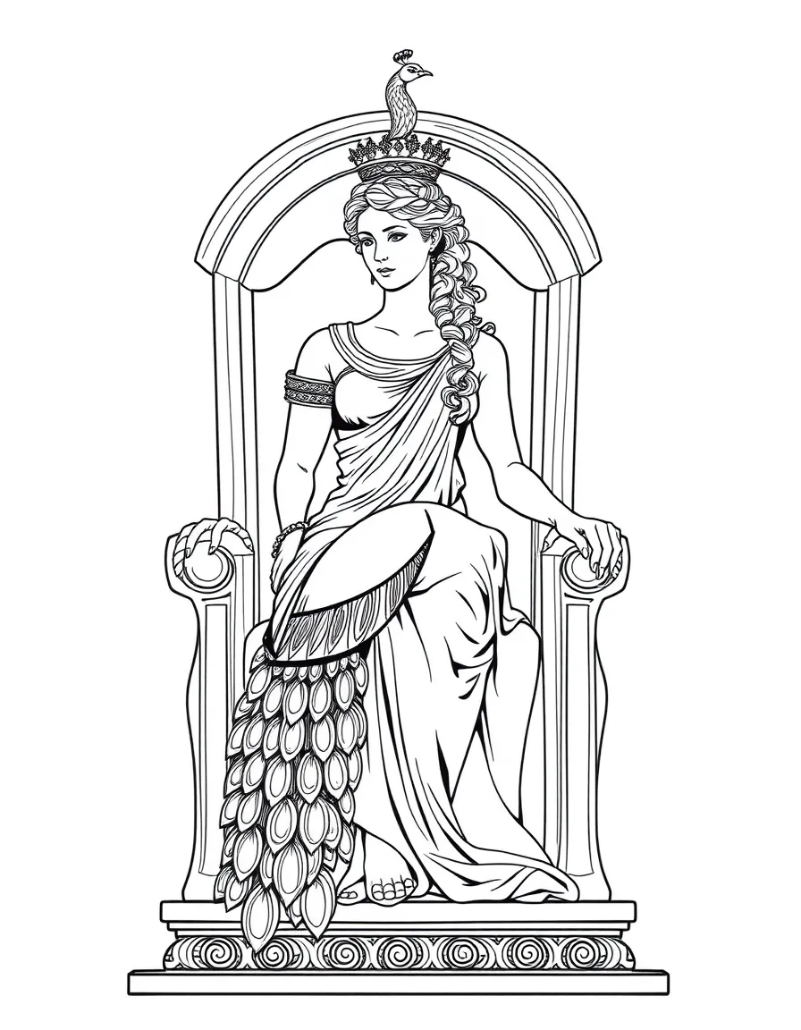 (Greek mythology) Hera sitting on a throne with a peacock
