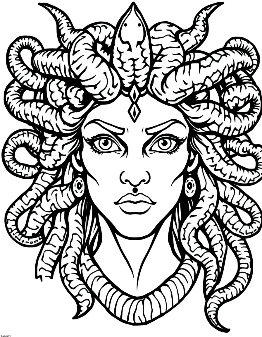 (Greek mythology) Medusa with snake hair and wide eyes