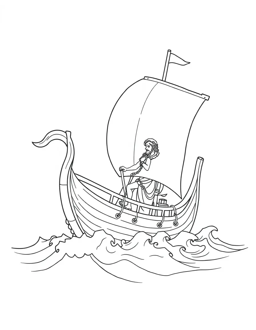 (Greek mythology) Odysseus sailing on a ship with waves